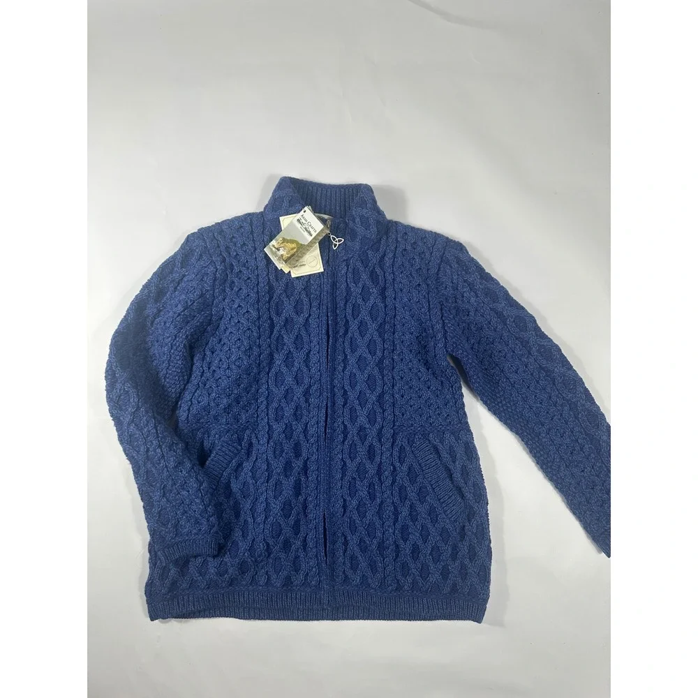 Aran Crafts Merino Wool Plated Zip Cardigan Blue Marl Womens L Made in Ireland - Picture 2 of 9